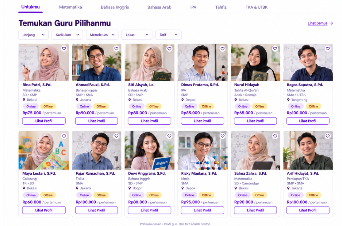 Pratinjau direktori guru Gurules.online dengan kategori mata pelajaran, filter jenjang, kurikulum, metode les, lokasi dan tarif, serta kartu profil guru.
